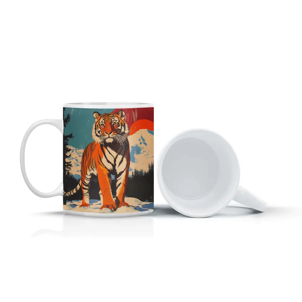Tiger Standing in Snowy Mountain Landscape – Mugs