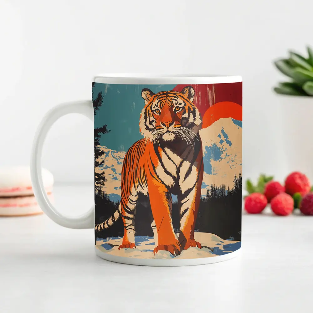 Tiger Standing in Snowy Mountain Landscape – Mugs