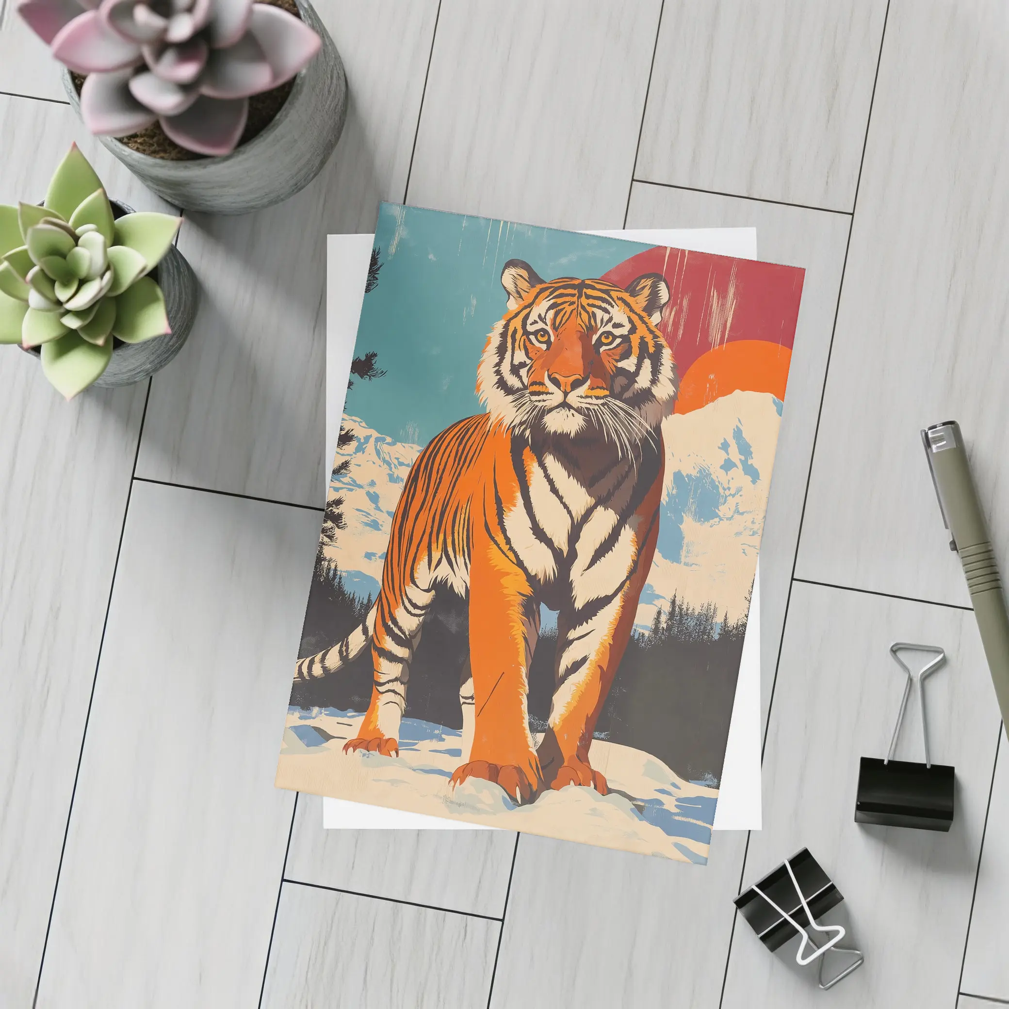 Tiger Standing in Snowy Mountain Landscape – Postcards