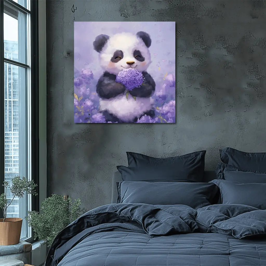Cute Panda Holding Purple Hydrangea Flowers – Wall Art