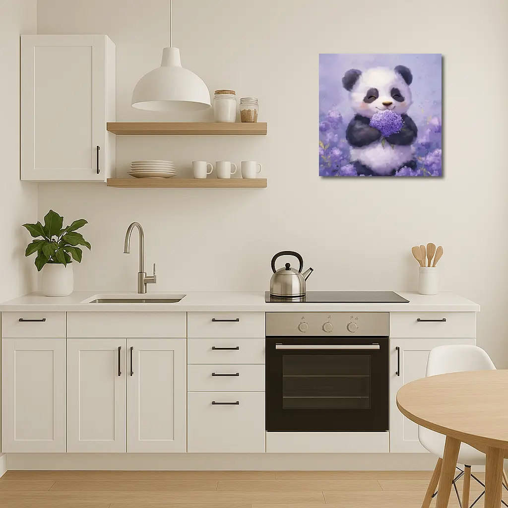 Cute Panda Holding Purple Hydrangea Flowers – Wall Art