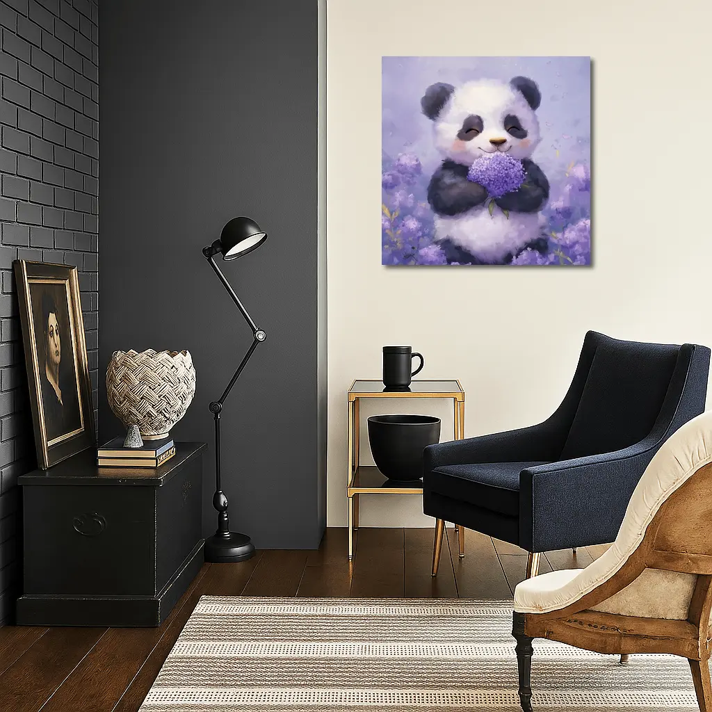Cute Panda Holding Purple Hydrangea Flowers – Wall Art