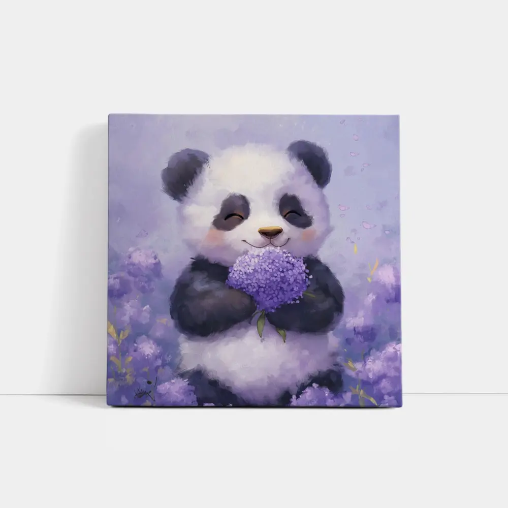 Cute Panda Holding Purple Hydrangea Flowers – Wall Art