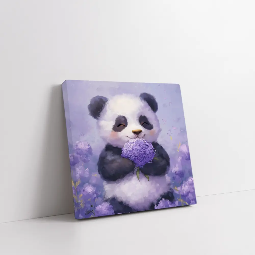 Cute Panda Holding Purple Hydrangea Flowers – Wall Art