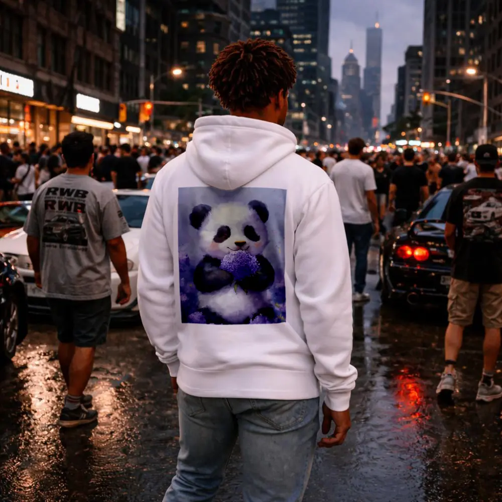 Cute Panda Holding Purple Hydrangea Flowers – Hoodies