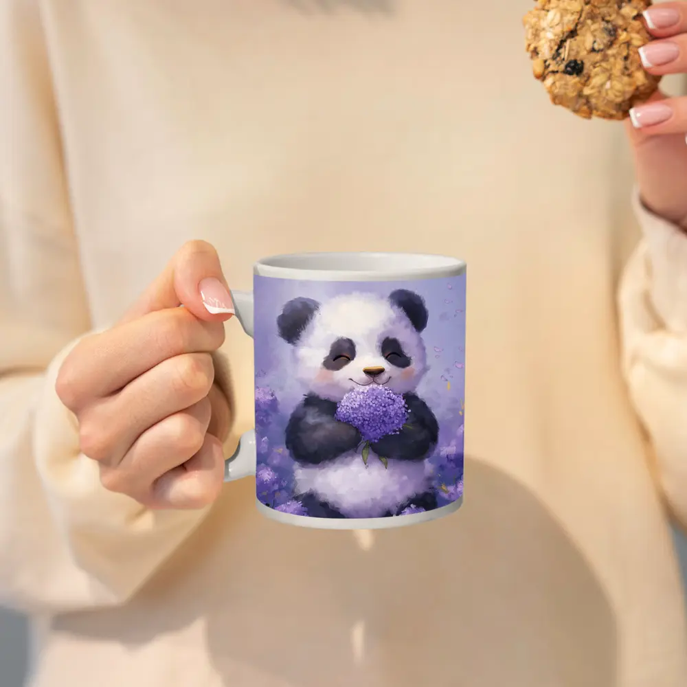 Cute Panda Holding Purple Hydrangea Flowers – Mugs