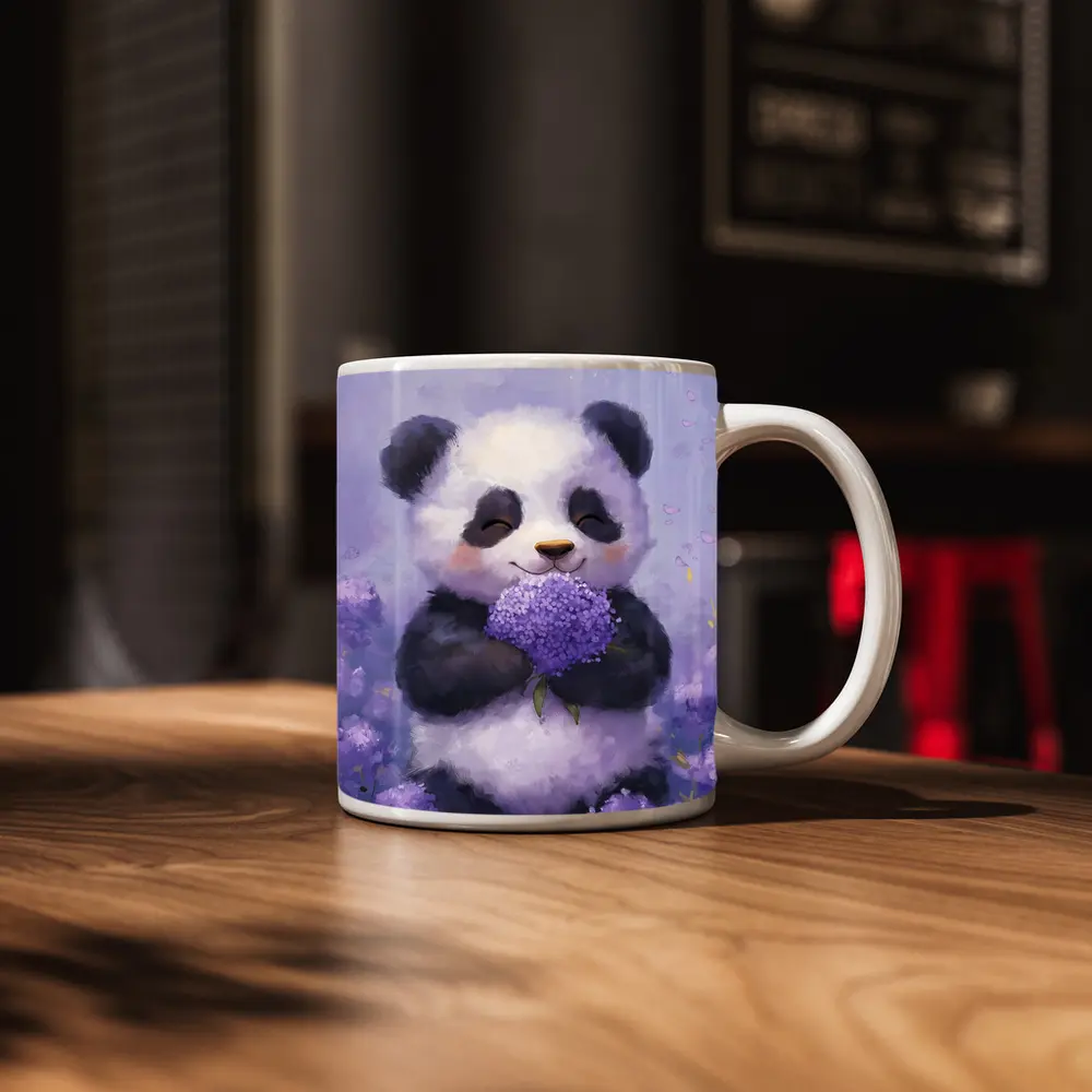 Cute Panda Holding Purple Hydrangea Flowers – Mugs