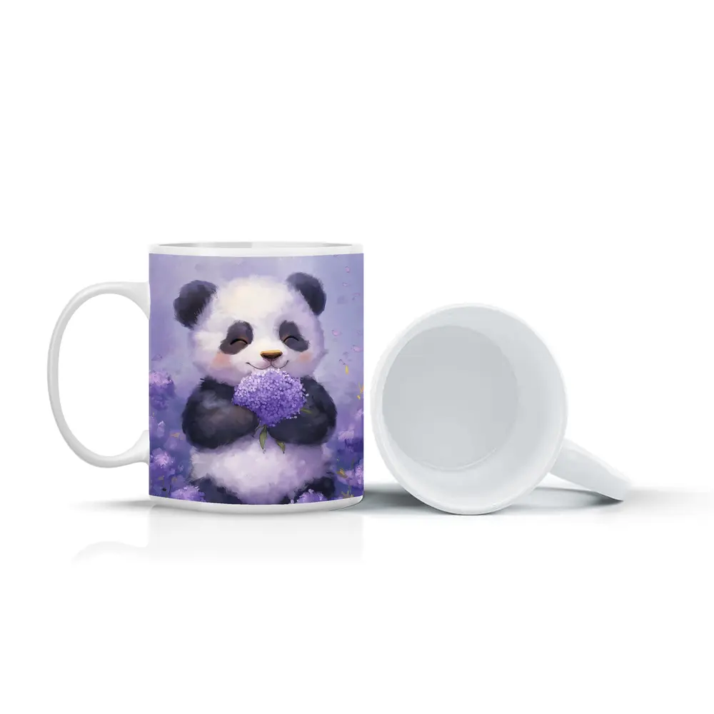 Cute Panda Holding Purple Hydrangea Flowers – Mugs