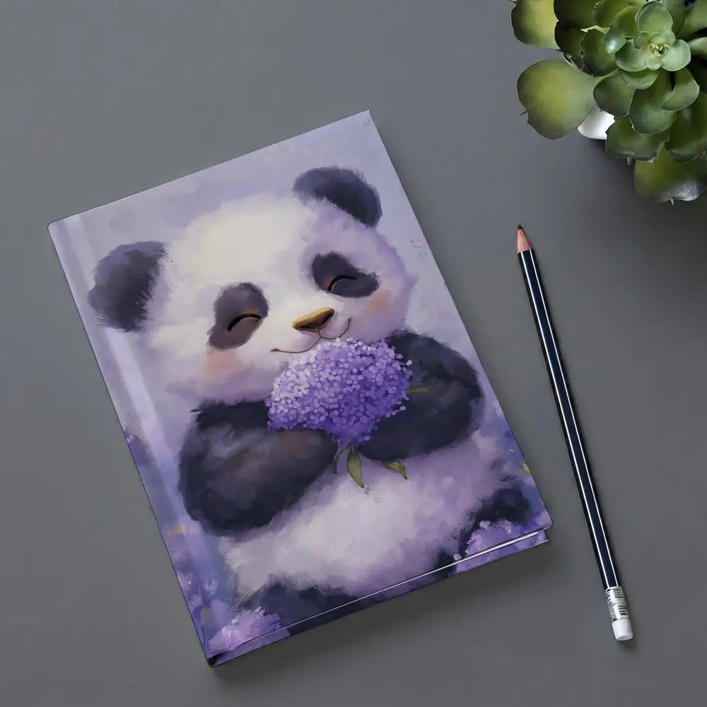 Cute Panda Holding Purple Hydrangea Flowers – Notebooks