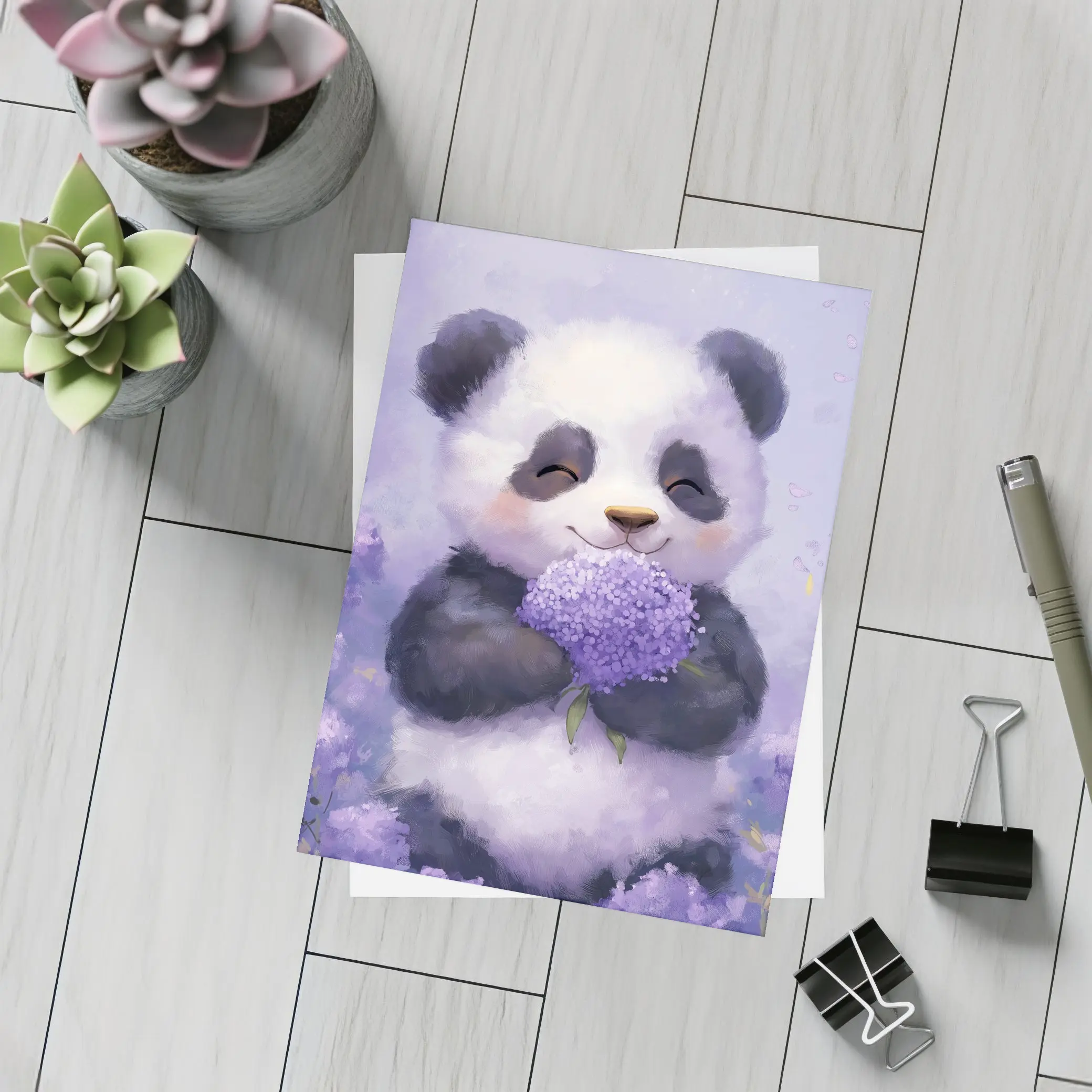 Cute Panda Holding Purple Hydrangea Flowers – Postcards