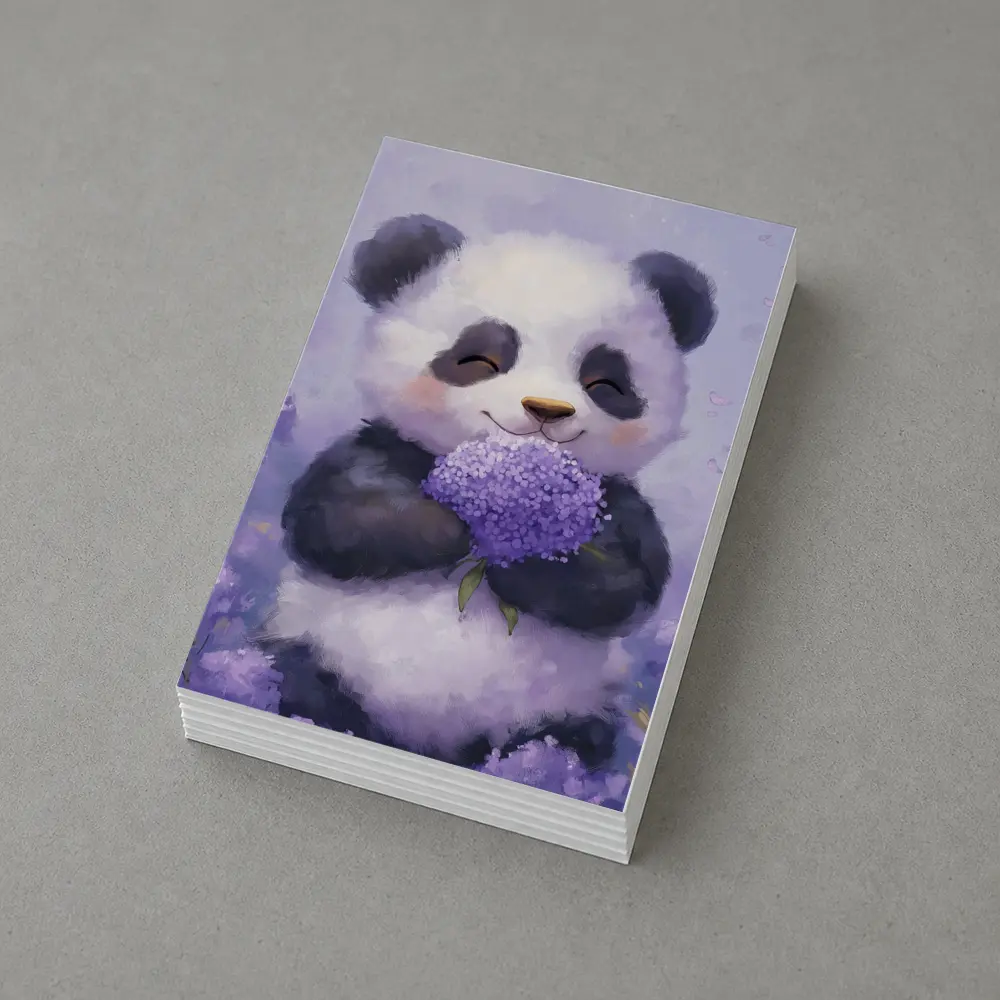Cute Panda Holding Purple Hydrangea Flowers – Postcards