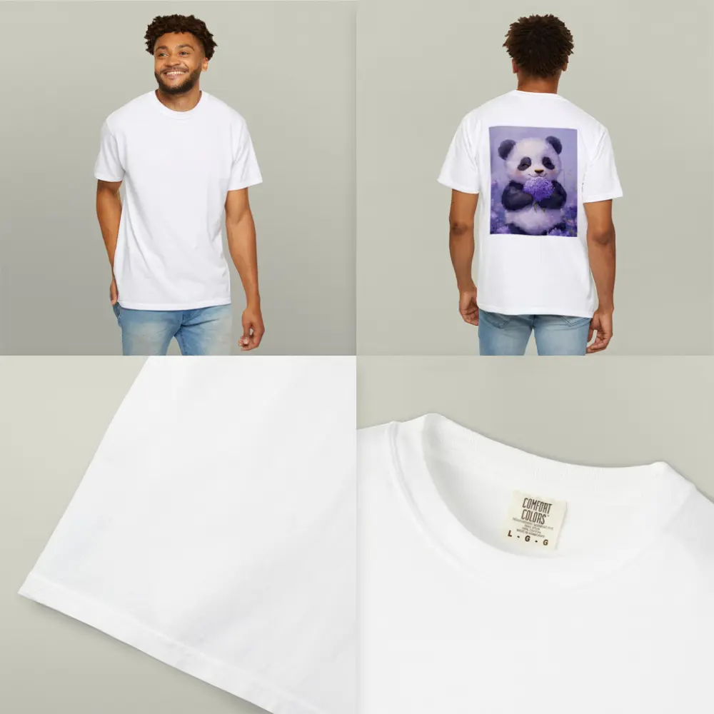 Cute Panda Holding Purple Hydrangea Flowers – T-Shirts