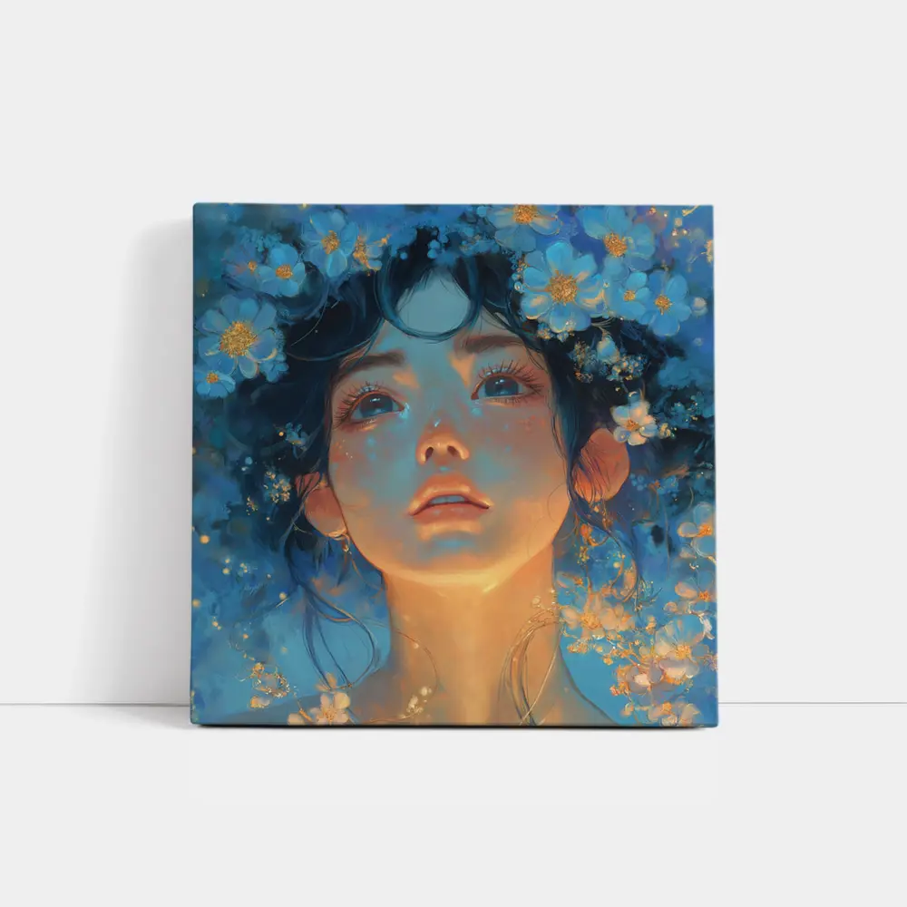Anime Girl Blue Flowers Fantasy Portrait – Wall Art