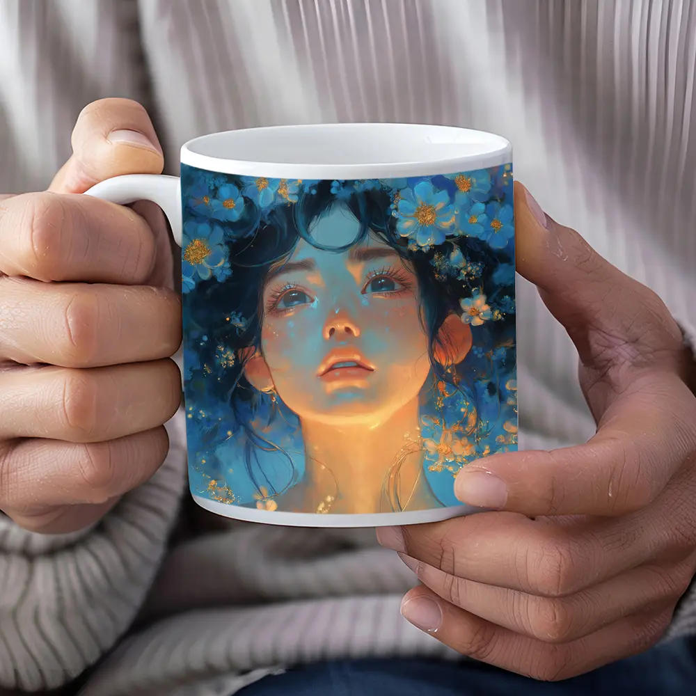 Anime Girl Blue Flowers Fantasy Portrait – Mugs