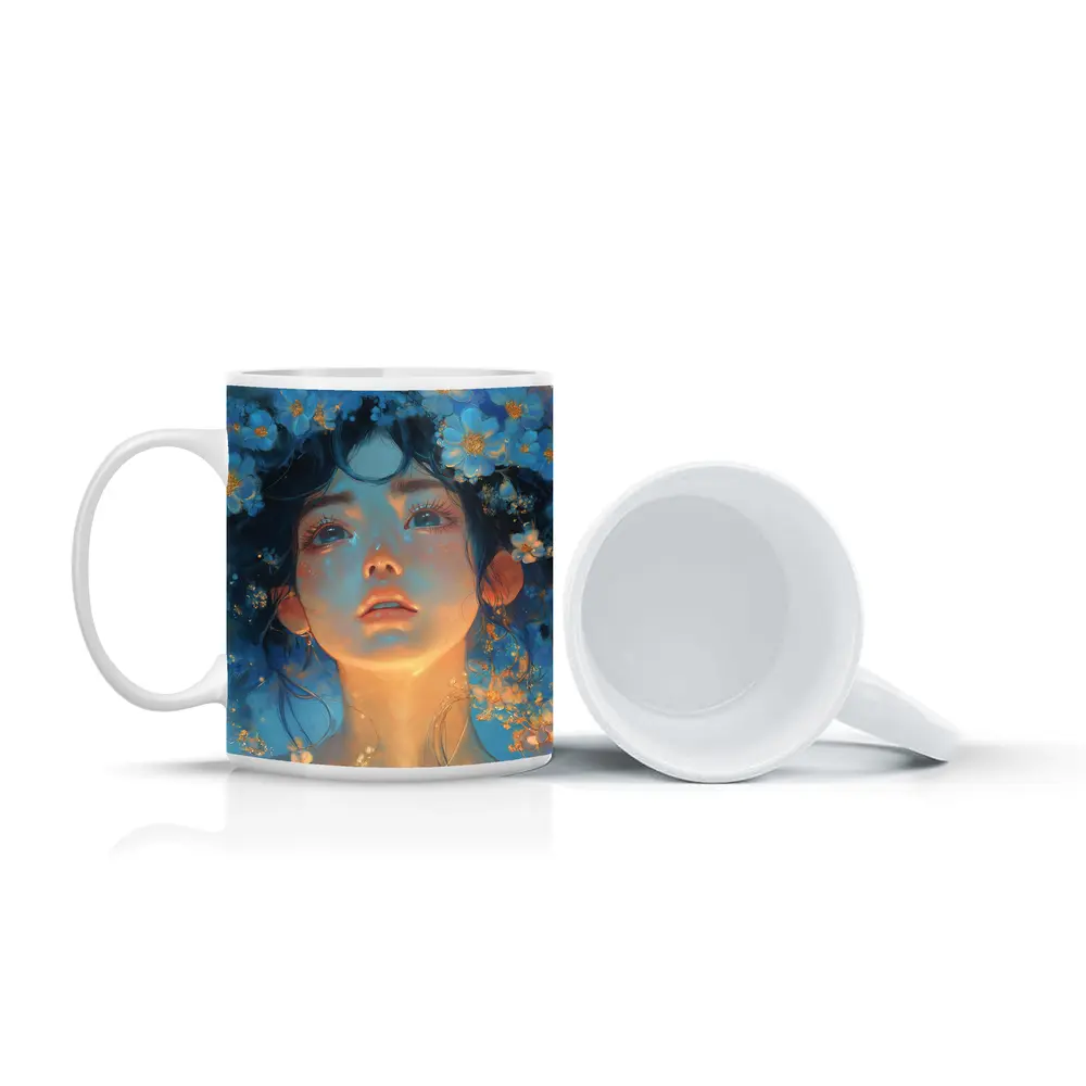 Anime Girl Blue Flowers Fantasy Portrait – Mugs