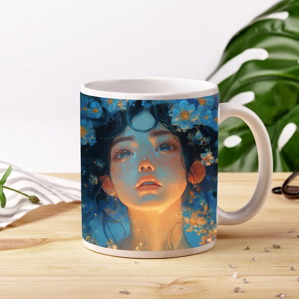 Anime Girl Blue Flowers Fantasy Portrait – Mugs
