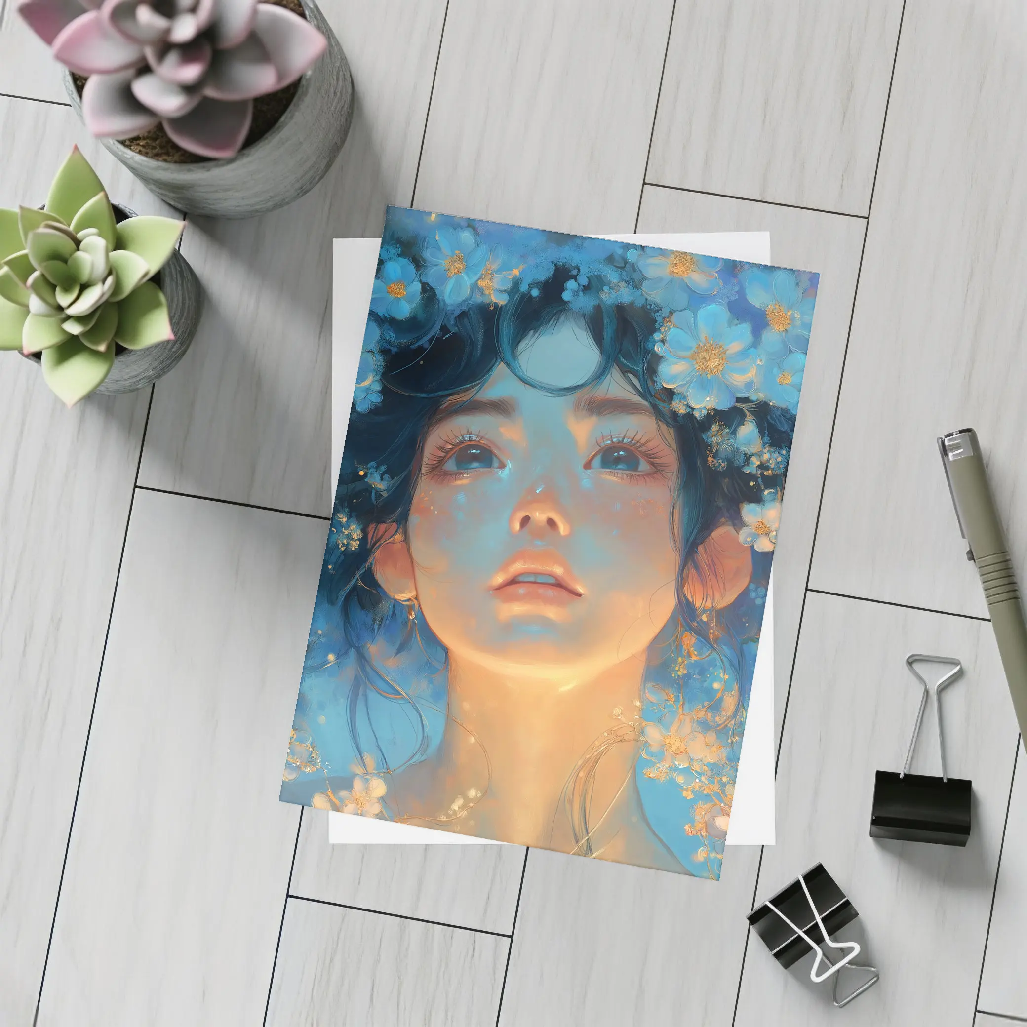 Anime Girl Blue Flowers Fantasy Portrait – Postcards