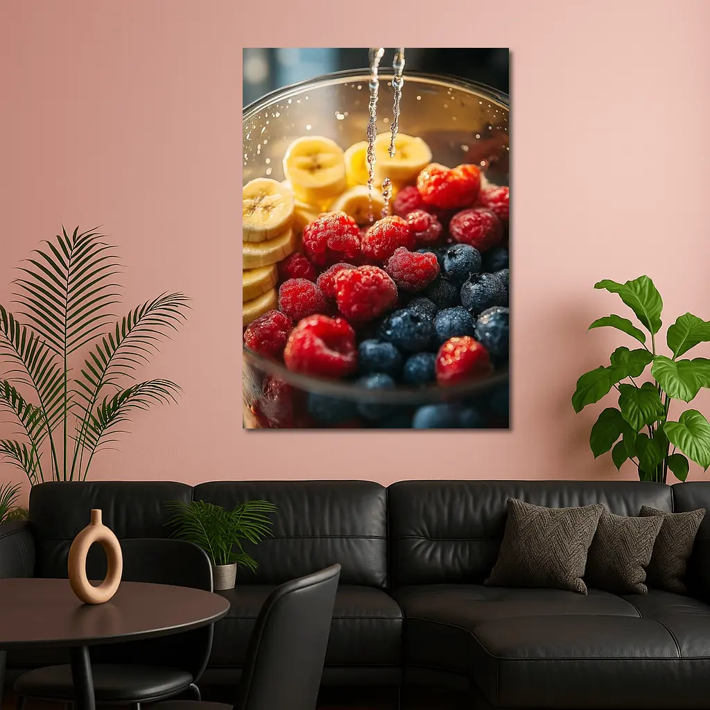 Fresh Raspberries Blueberries Banana Slices Bowl – Wall Art