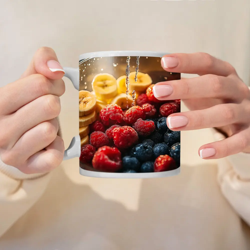 Fresh Raspberries Blueberries Banana Slices Bowl – Mugs