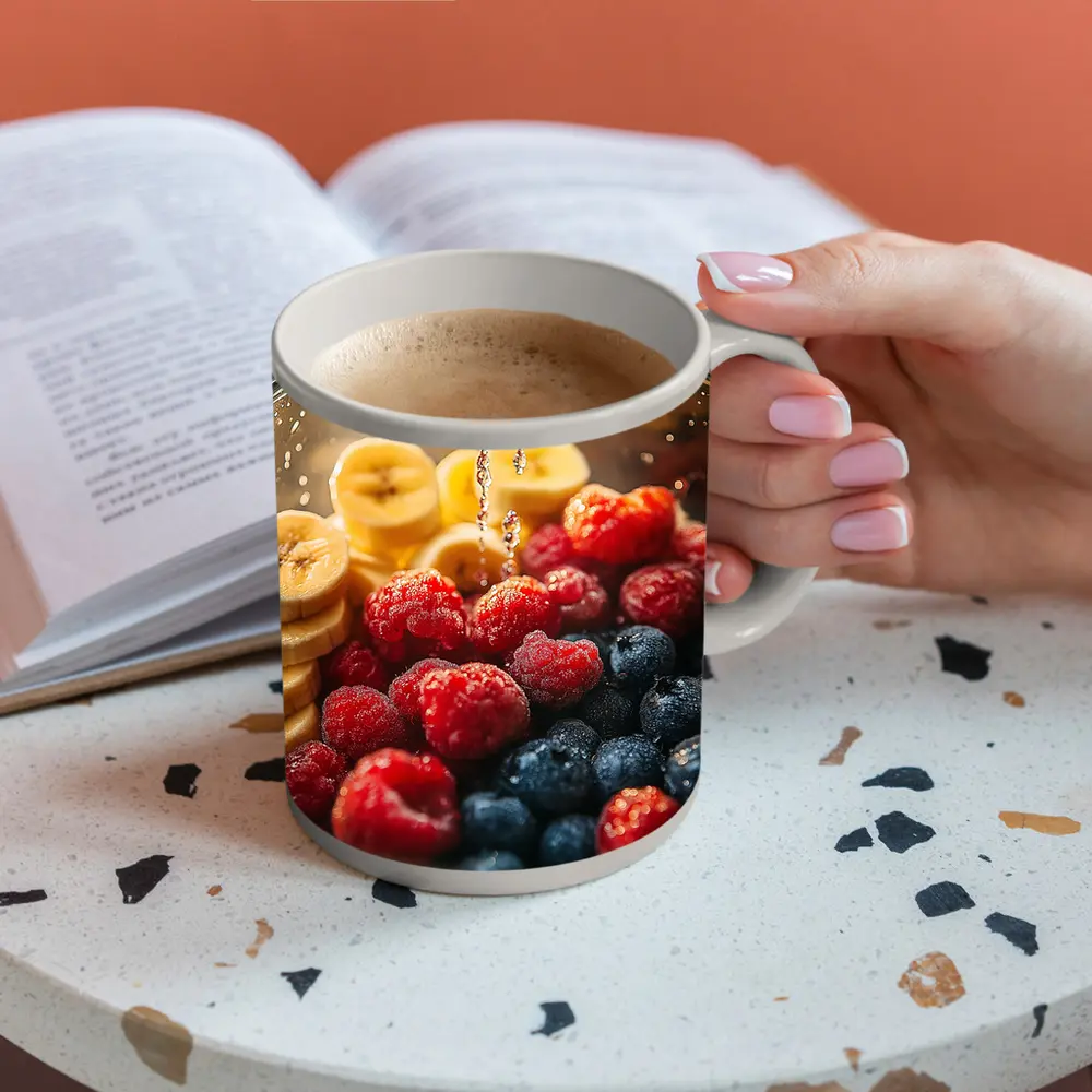 Fresh Raspberries Blueberries Banana Slices Bowl – Mugs
