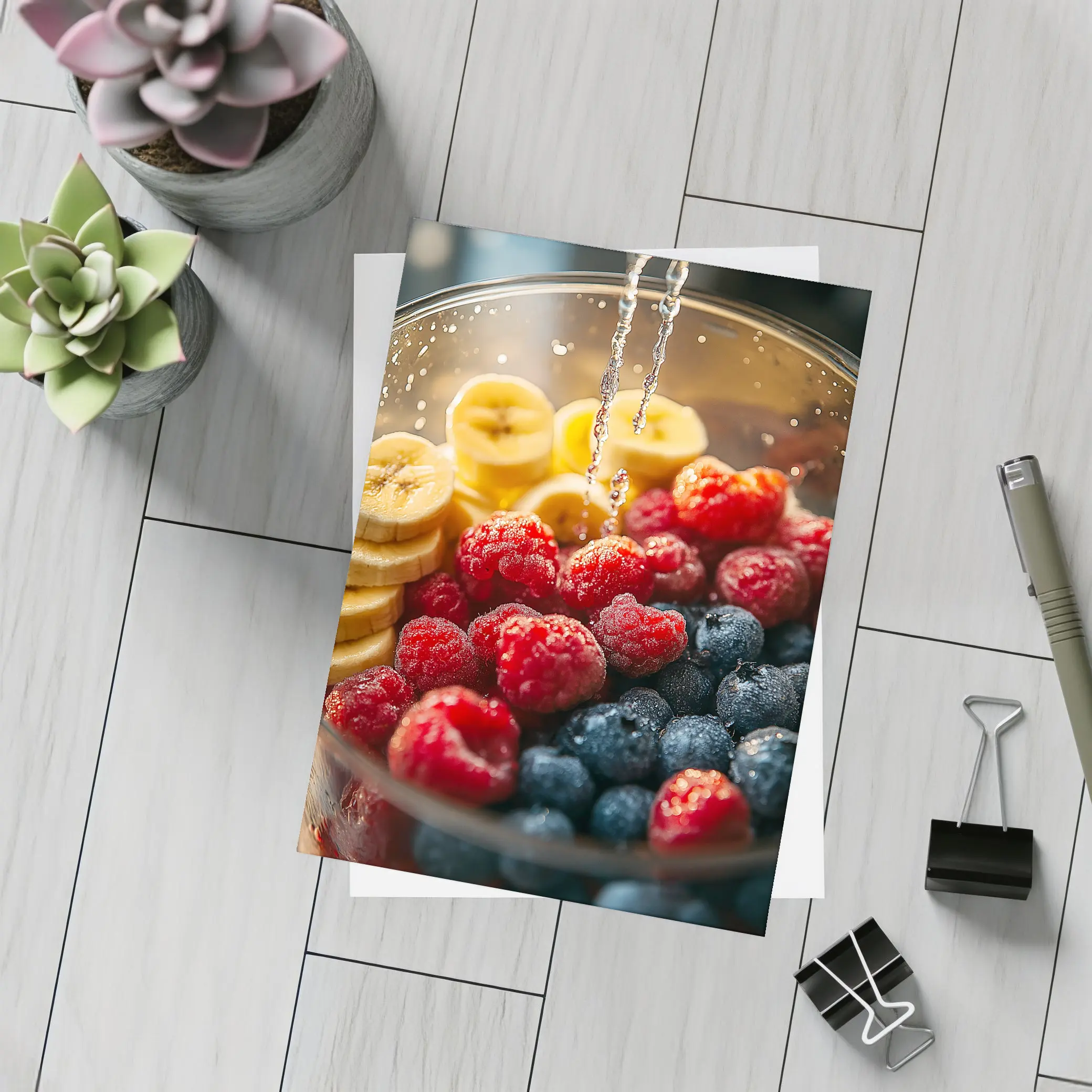 Fresh Raspberries Blueberries Banana Slices Bowl – Postcards