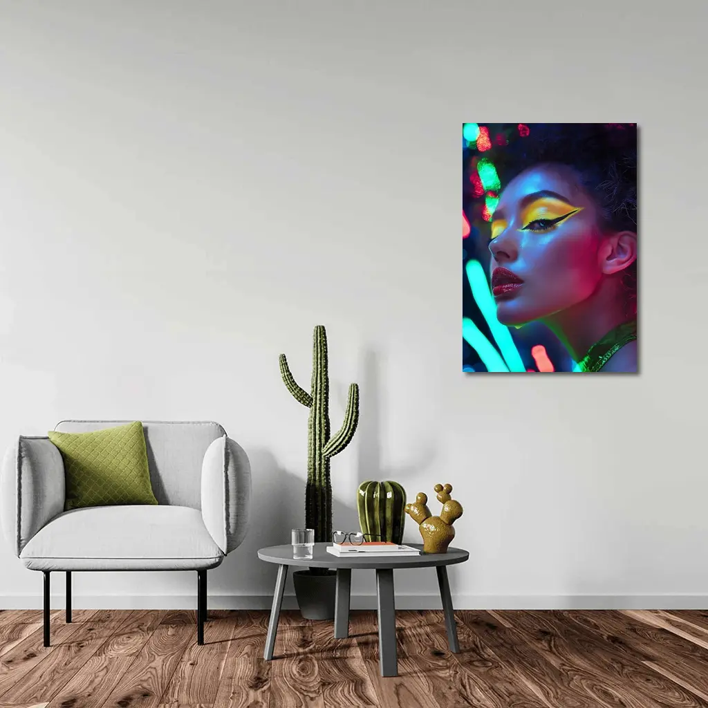 Neon Makeup Woman Bold Colorful Night Portrait – Wall Art