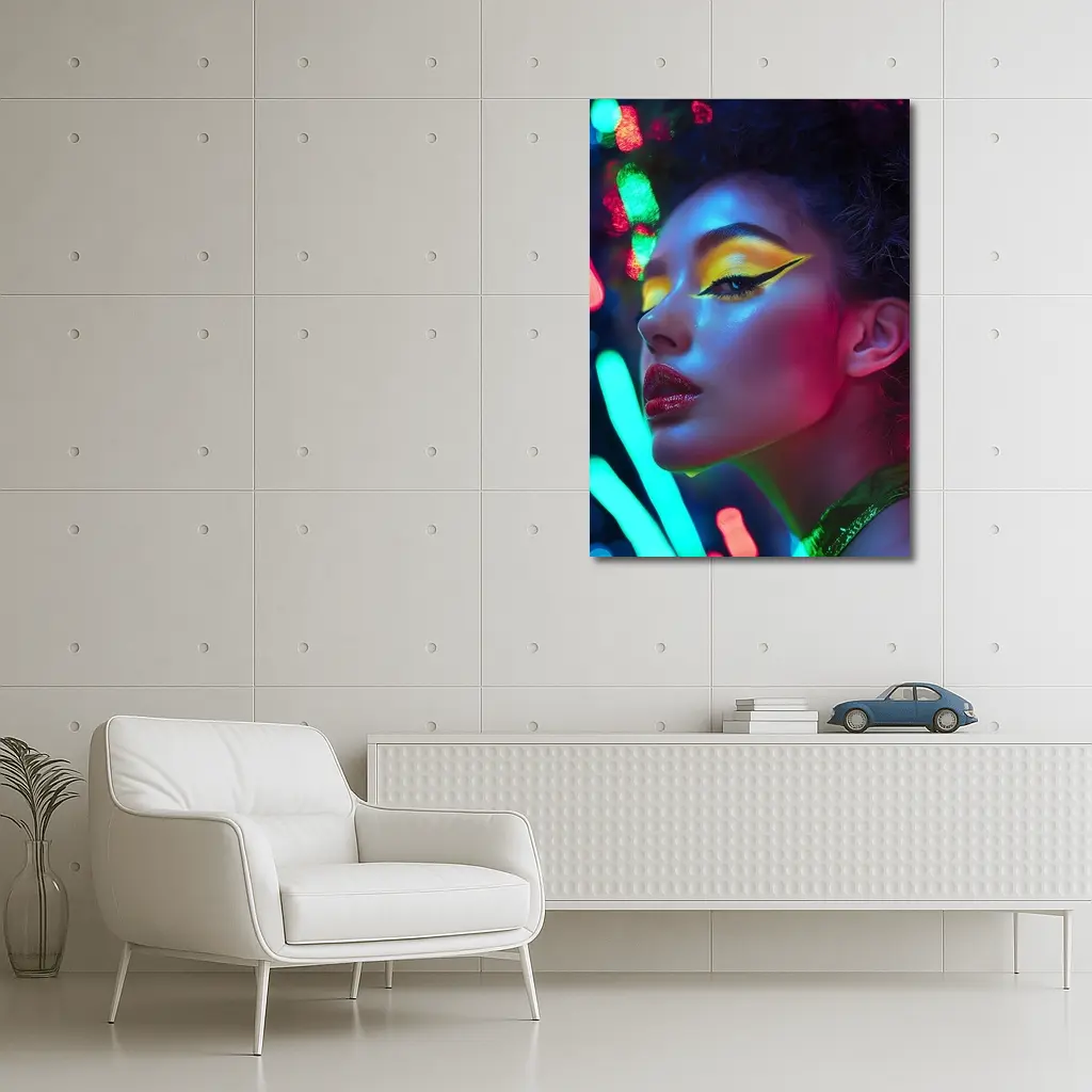 Neon Makeup Woman Bold Colorful Night Portrait – Wall Art