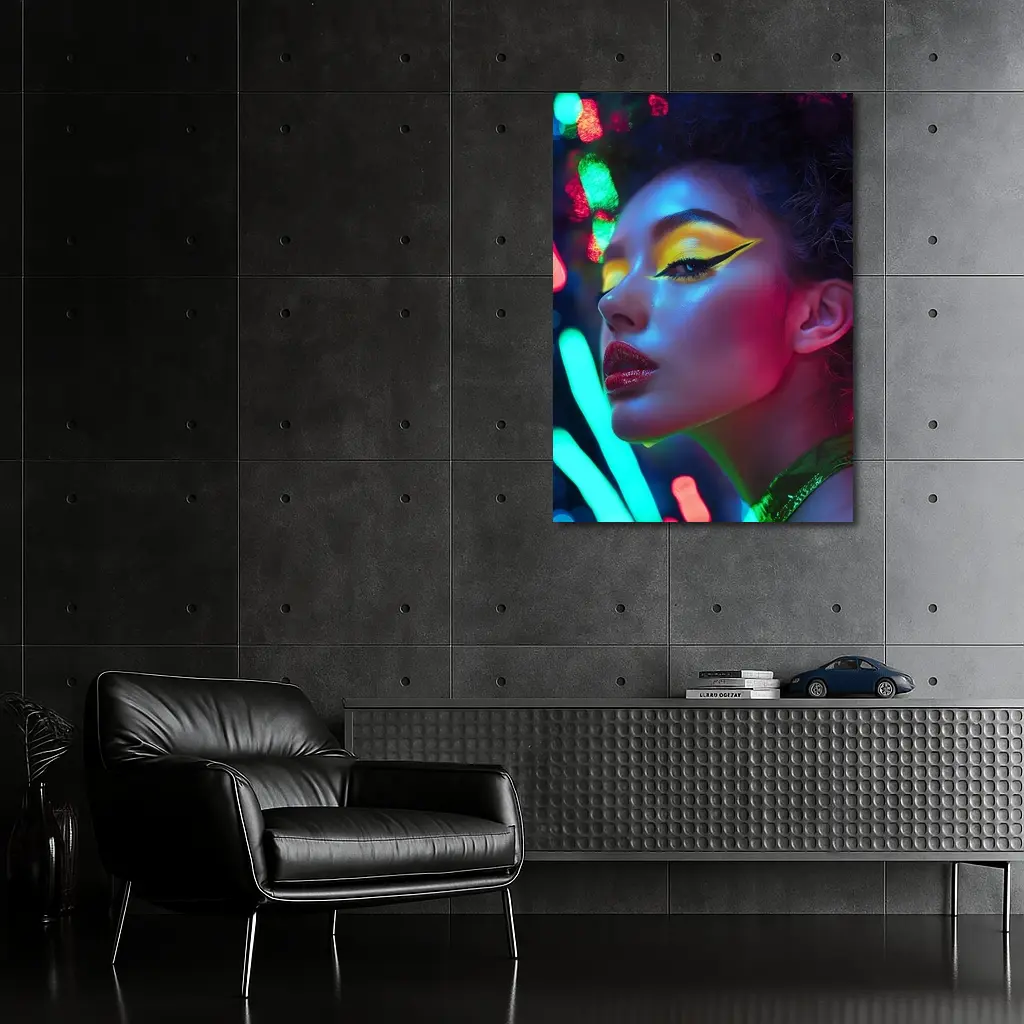 Neon Makeup Woman Bold Colorful Night Portrait – Wall Art