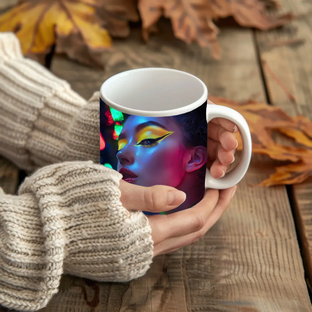 Neon Makeup Woman Bold Colorful Night Portrait – Mugs