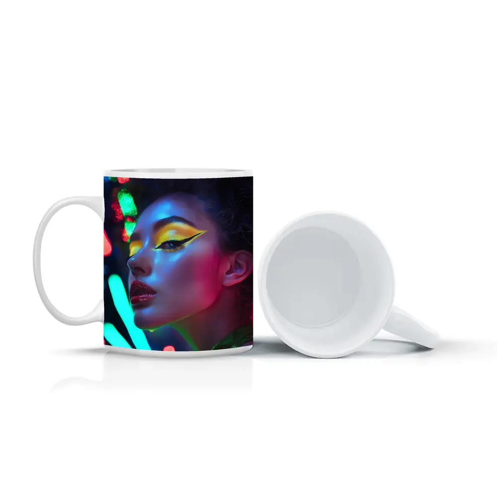 Neon Makeup Woman Bold Colorful Night Portrait – Mugs