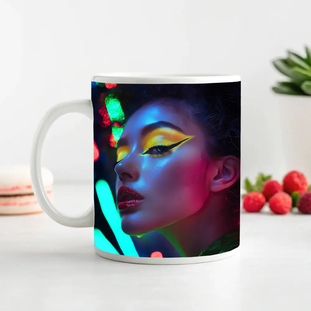 Neon Makeup Woman Bold Colorful Night Portrait – Mugs