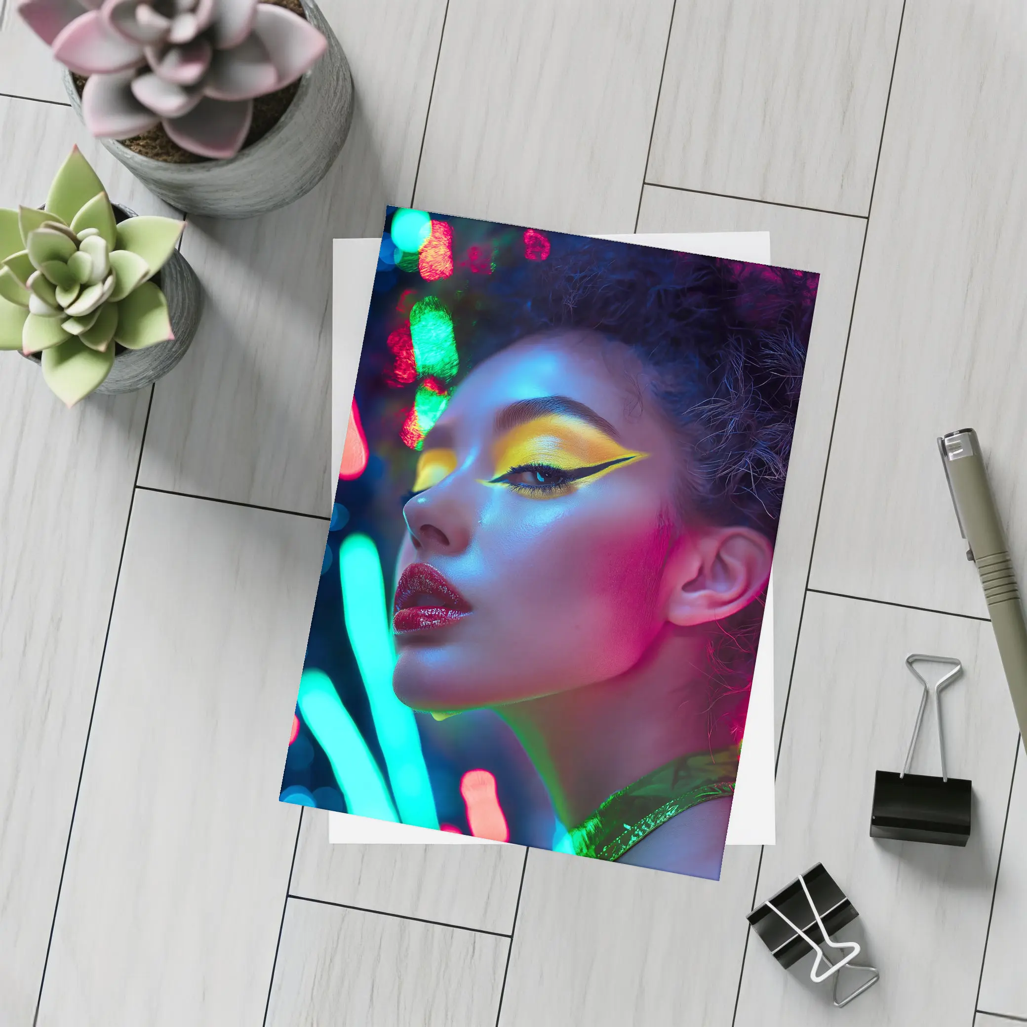Neon Makeup Woman Bold Colorful Night Portrait – Postcards