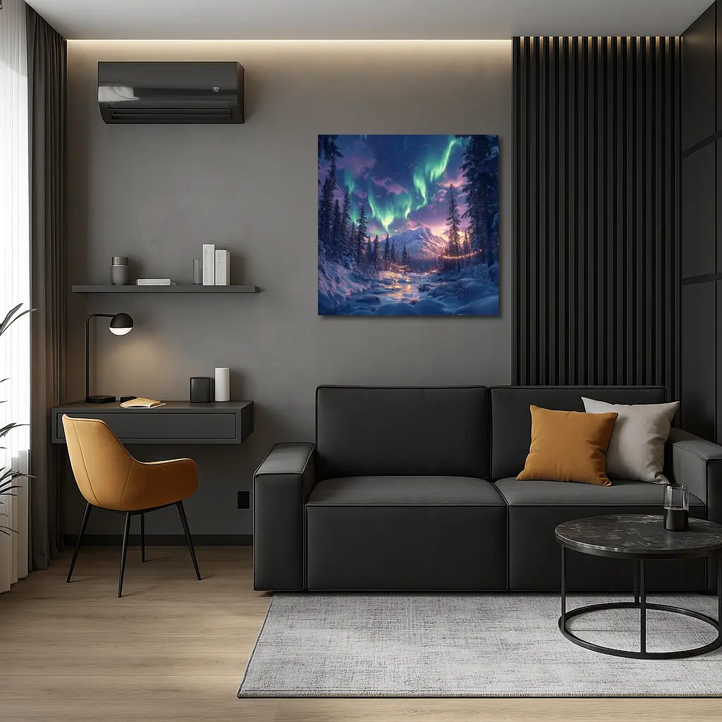 Northern Lights Winter Forest Mountain Night – Wall Art