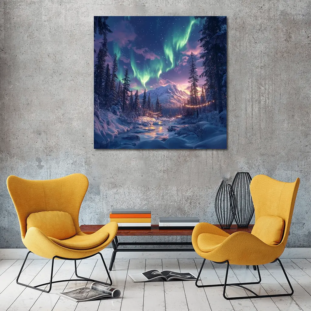Northern Lights Winter Forest Mountain Night – Wall Art