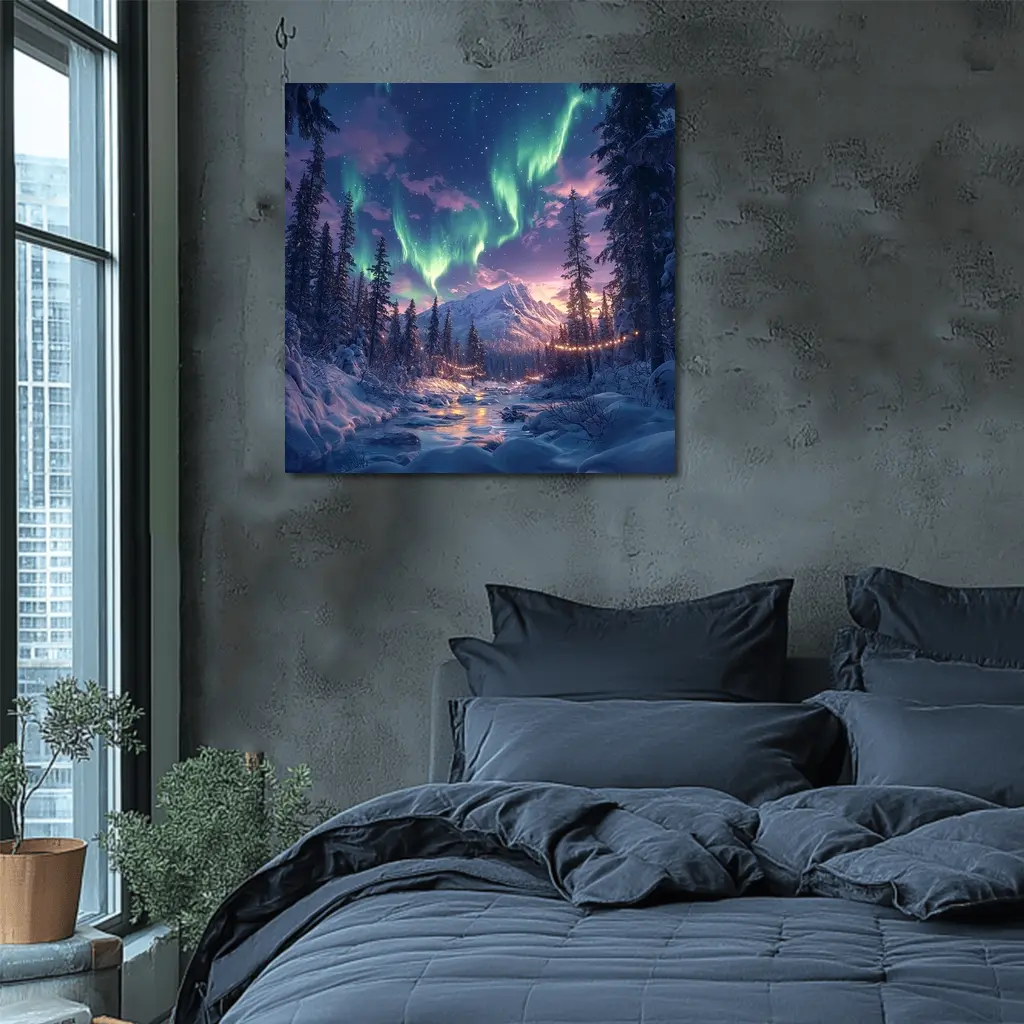Northern Lights Winter Forest Mountain Night – Wall Art