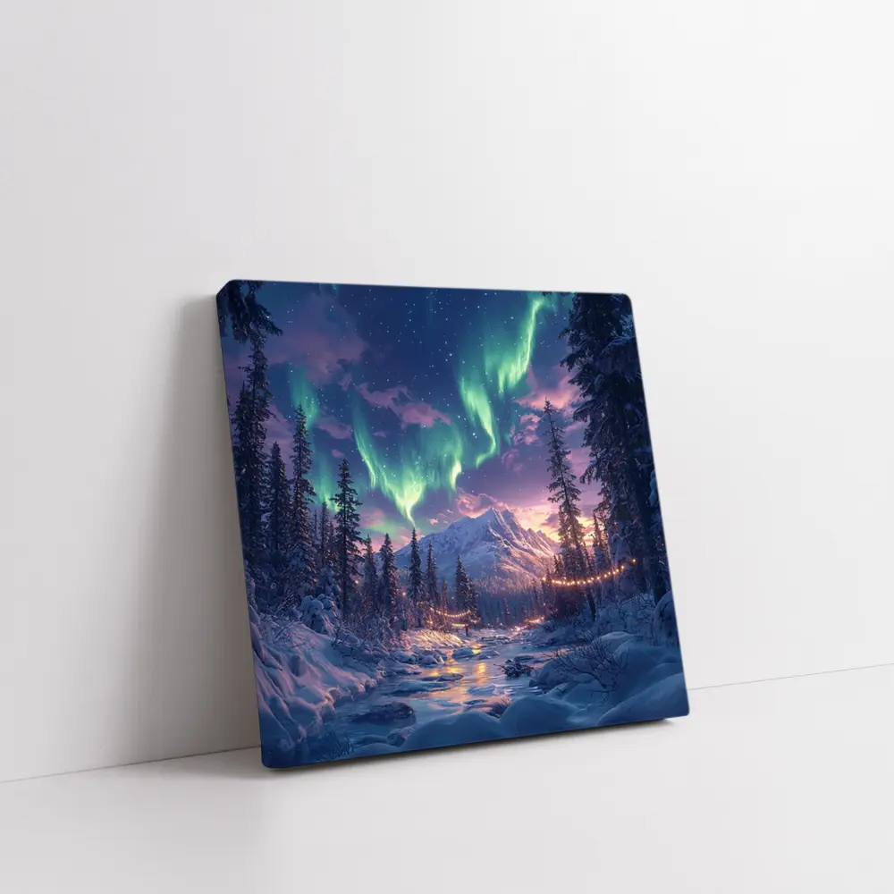 Northern Lights Winter Forest Mountain Night – Wall Art