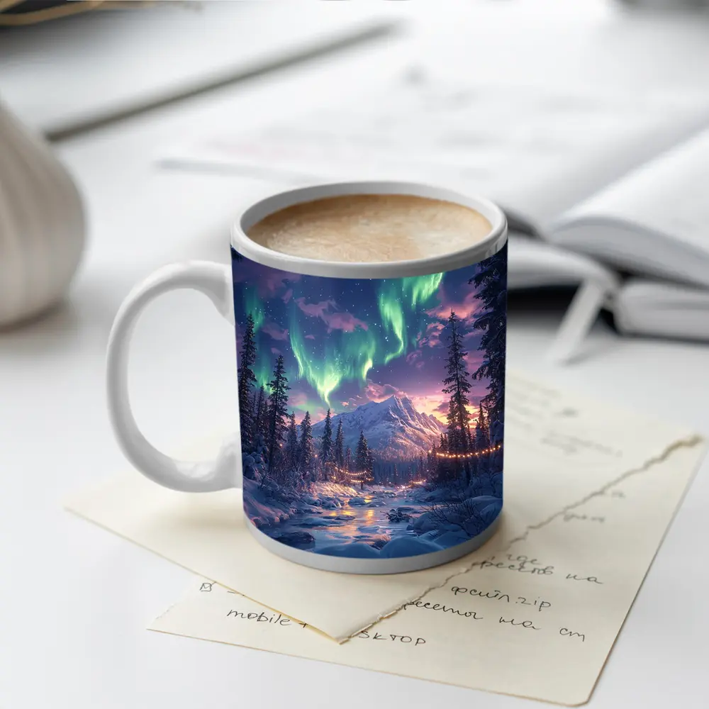 Northern Lights Winter Forest Mountain Night – Mugs