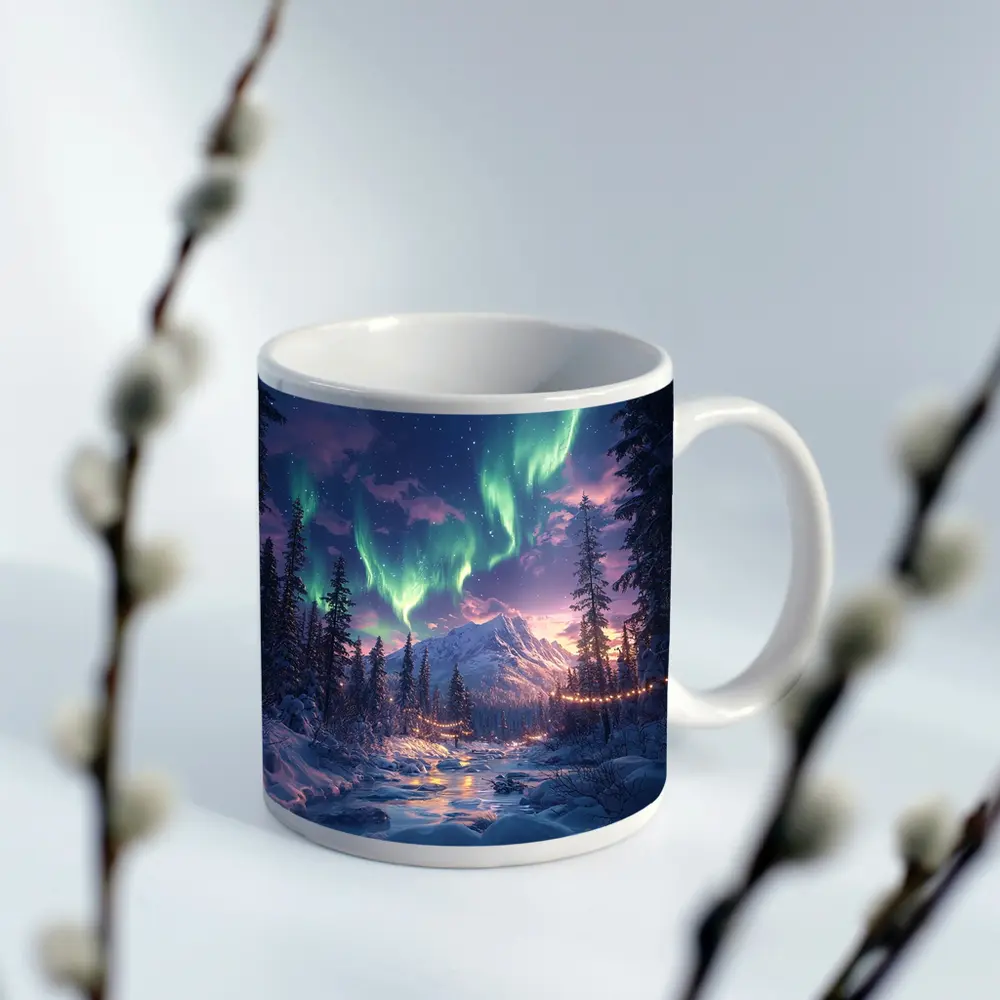 Northern Lights Winter Forest Mountain Night – Mugs