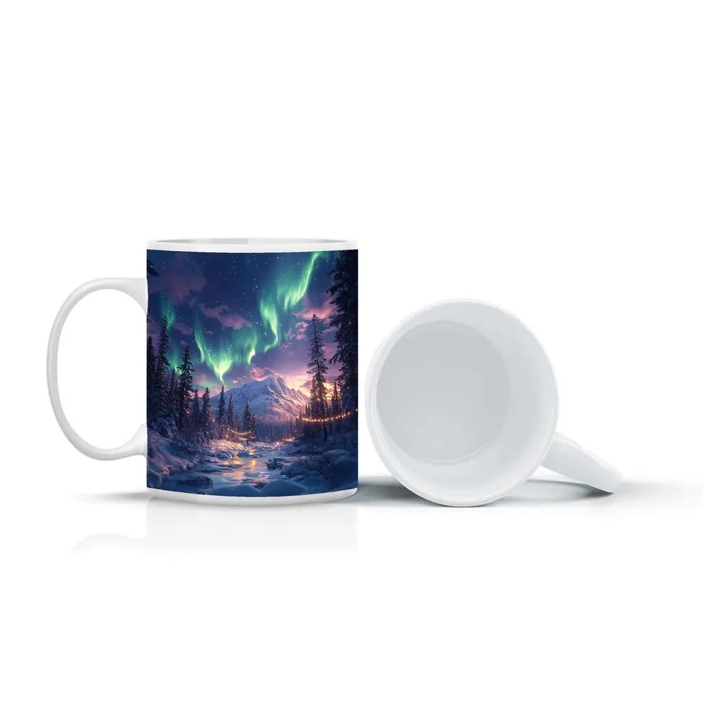 Northern Lights Winter Forest Mountain Night – Mugs