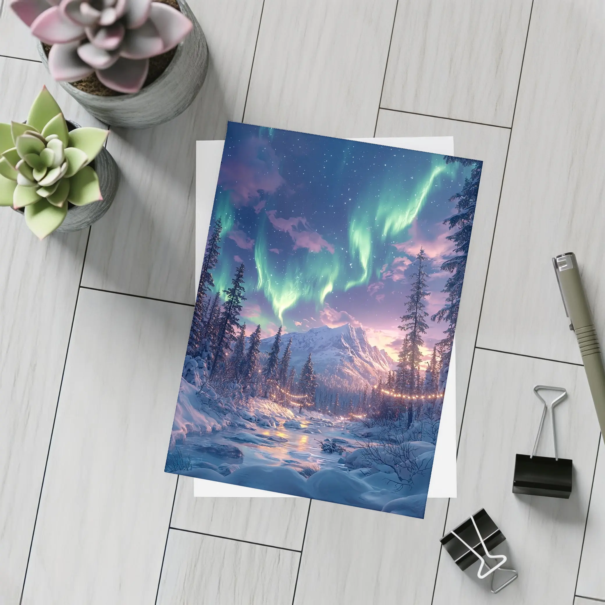 Northern Lights Winter Forest Mountain Night – Postcards