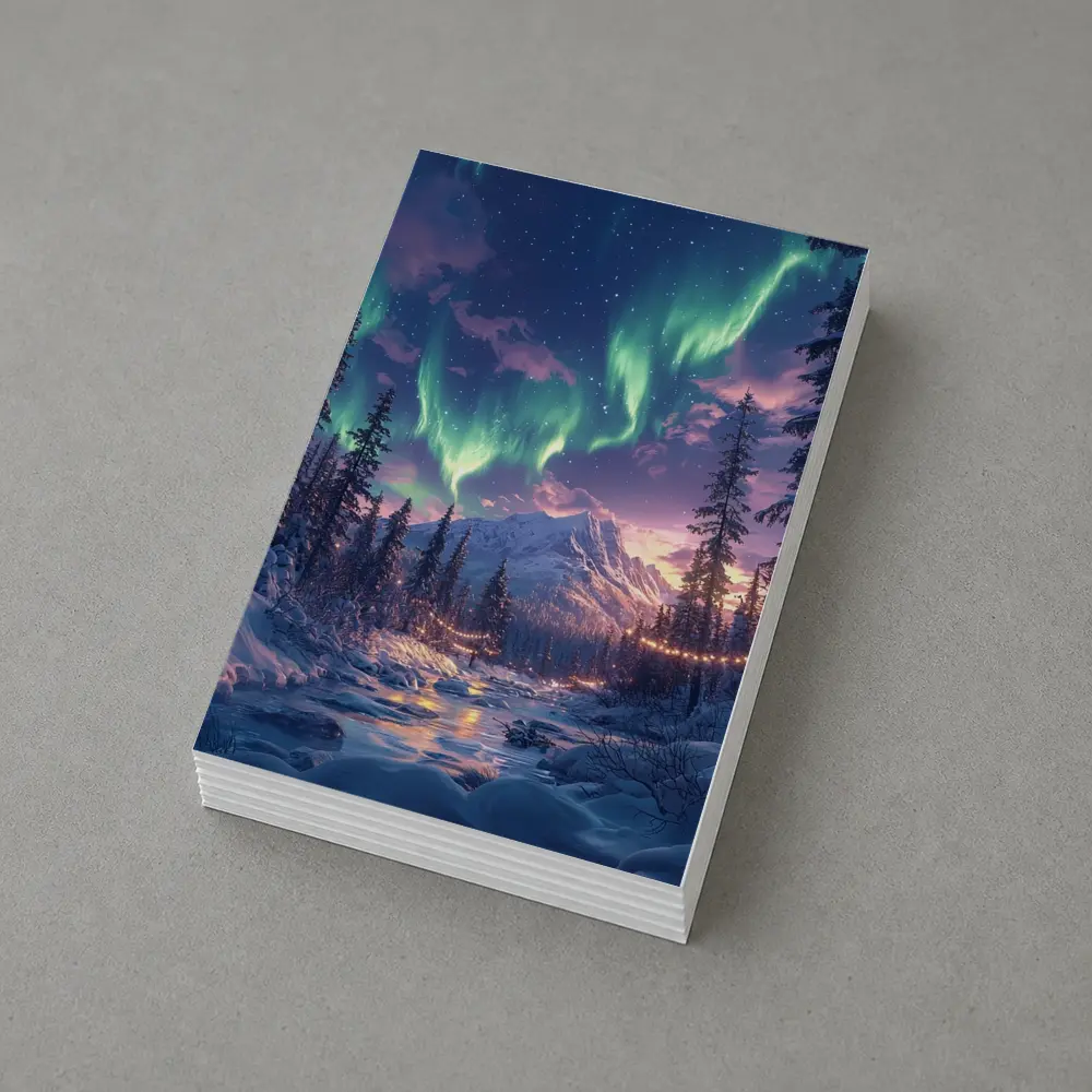Northern Lights Winter Forest Mountain Night – Postcards