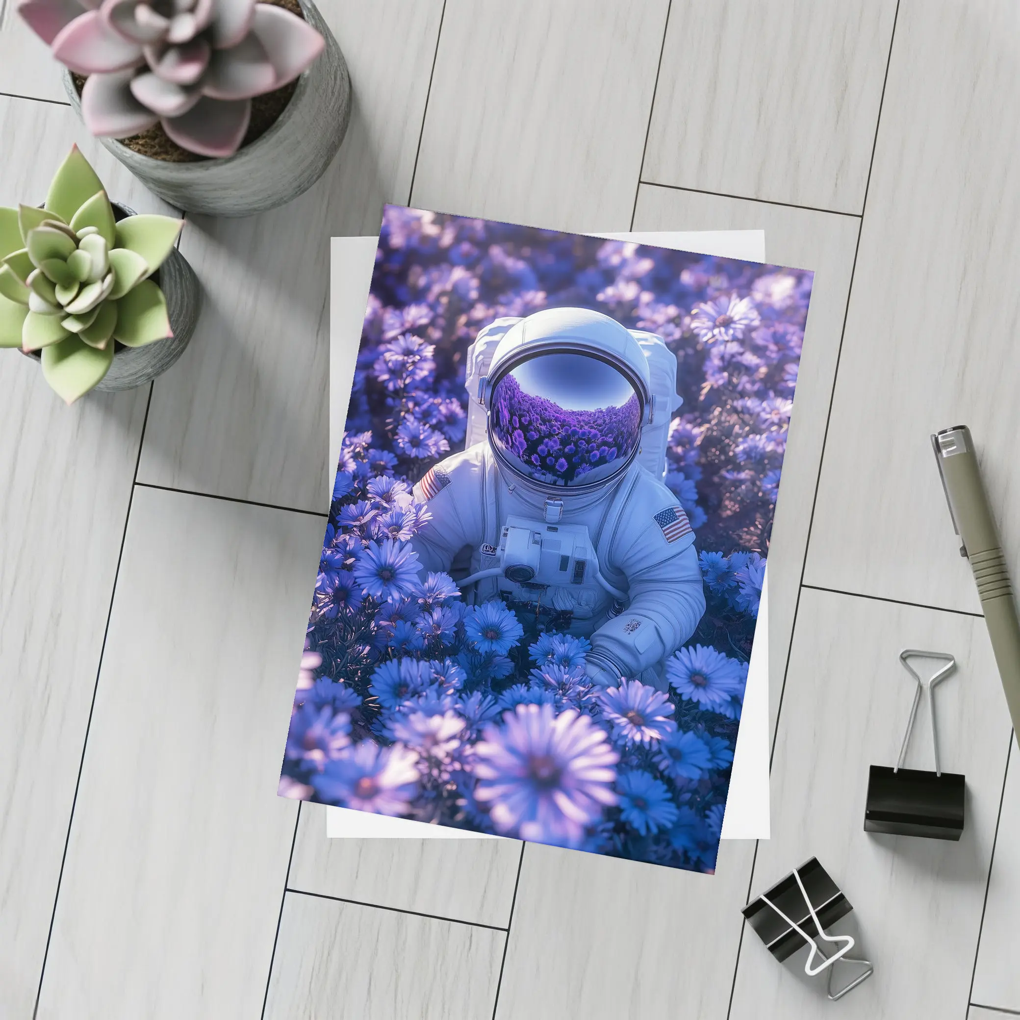 Astronaut Resting In Purple Flower Field – Postcards