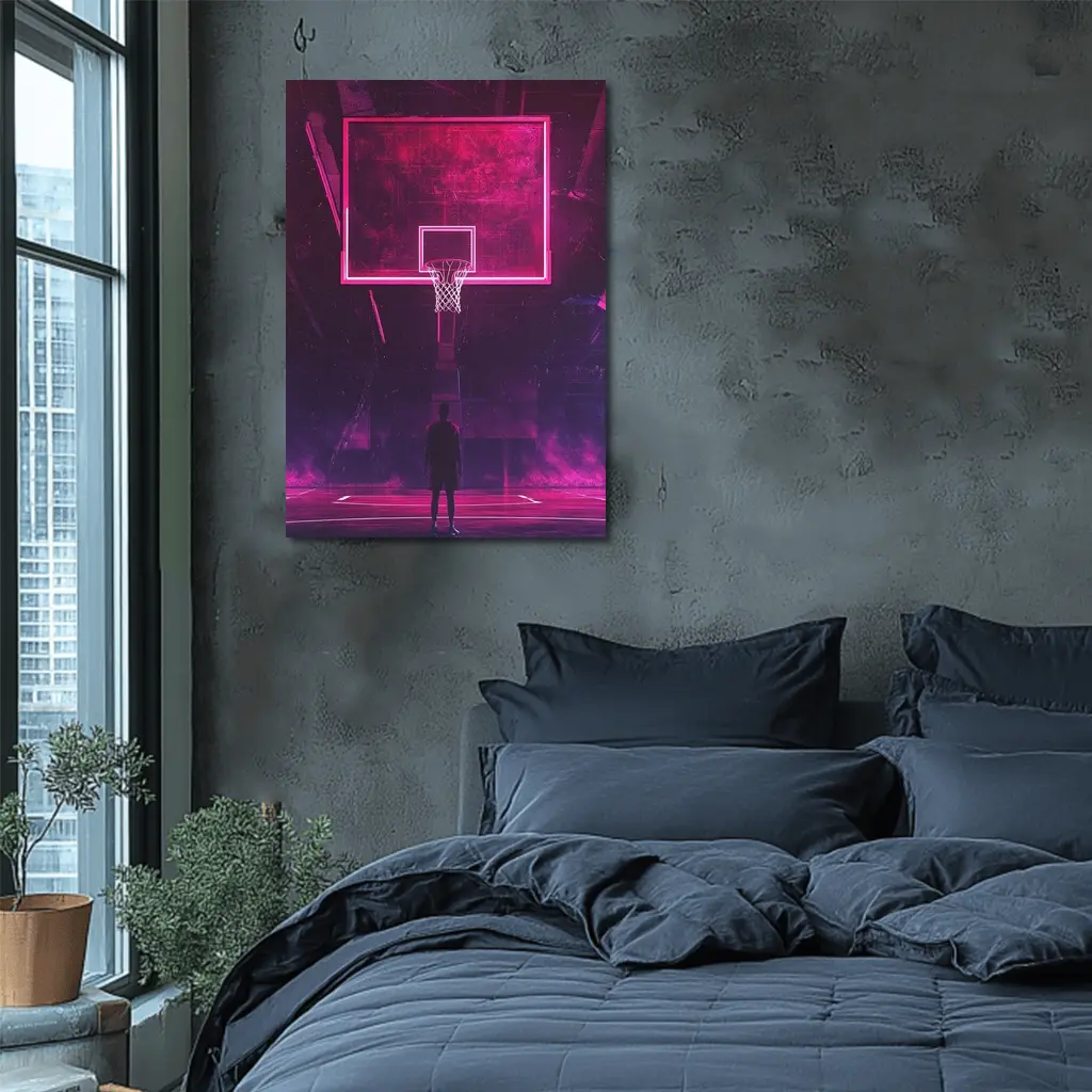 Neon Basketball Hoop Dark Court Night – Wall Art