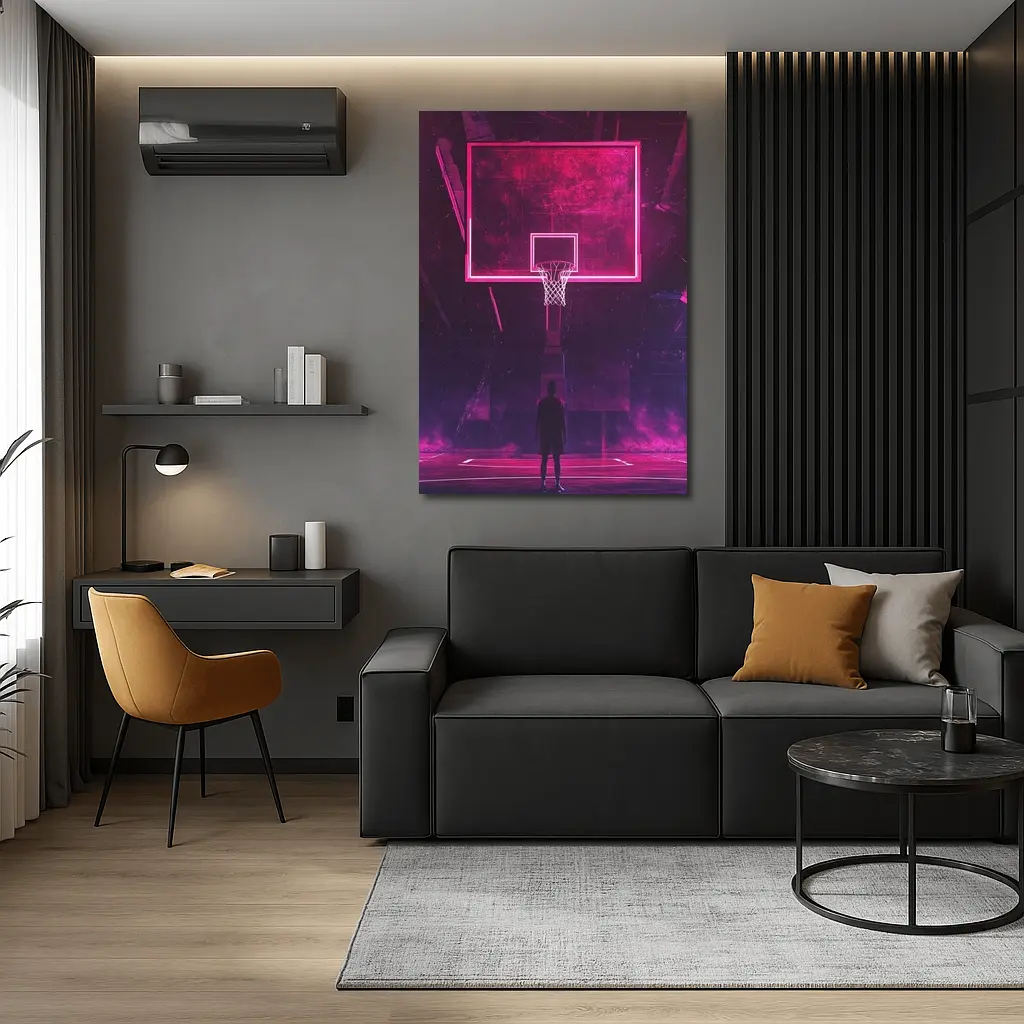Neon Basketball Hoop Dark Court Night – Wall Art