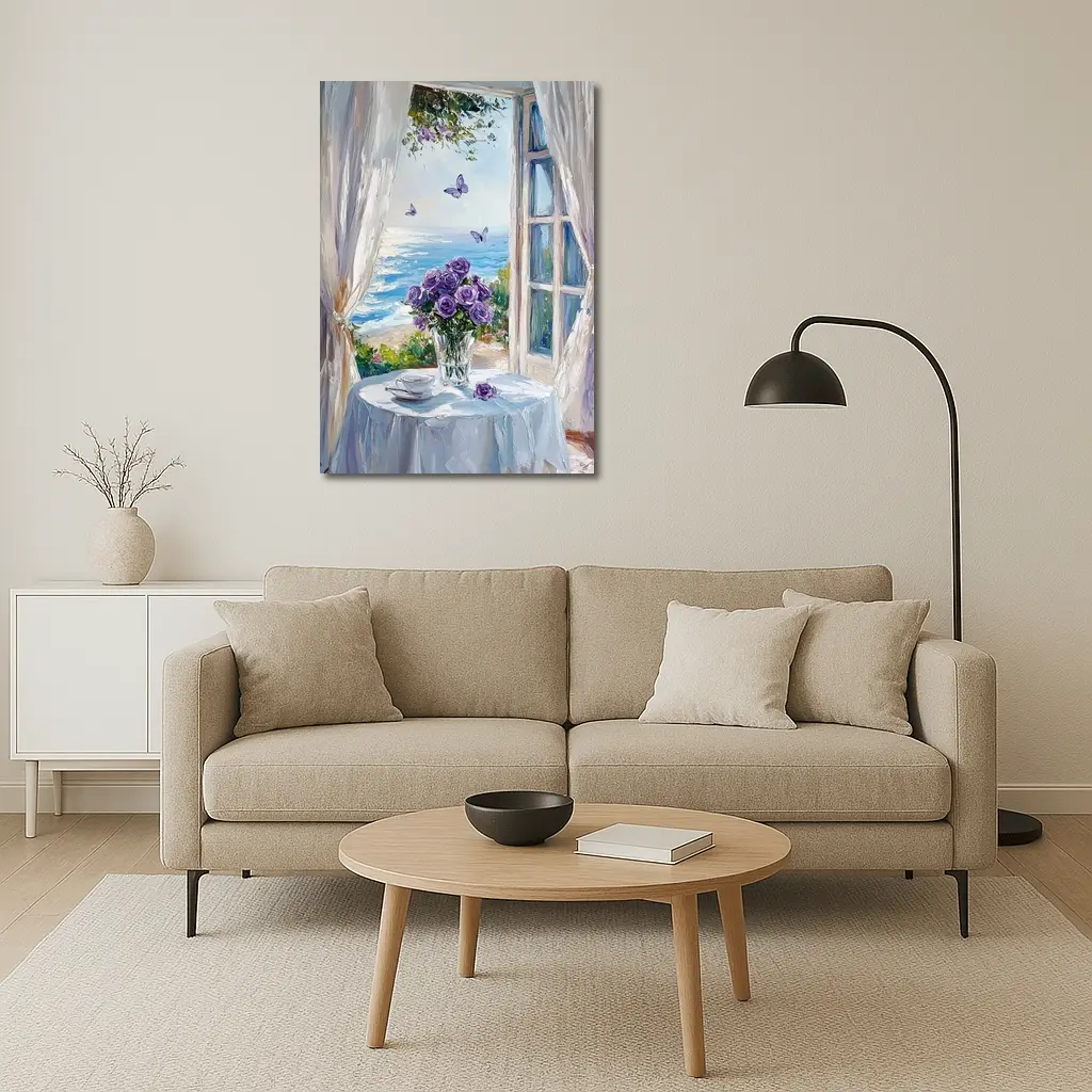 Purple Roses Ocean View Window Oil Painting – Wall Art