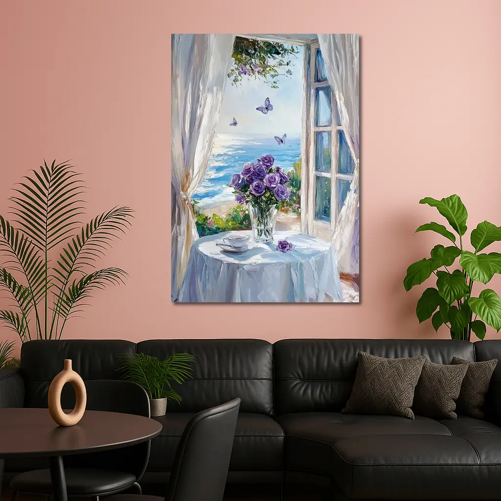 Purple Roses Ocean View Window Oil Painting – Wall Art