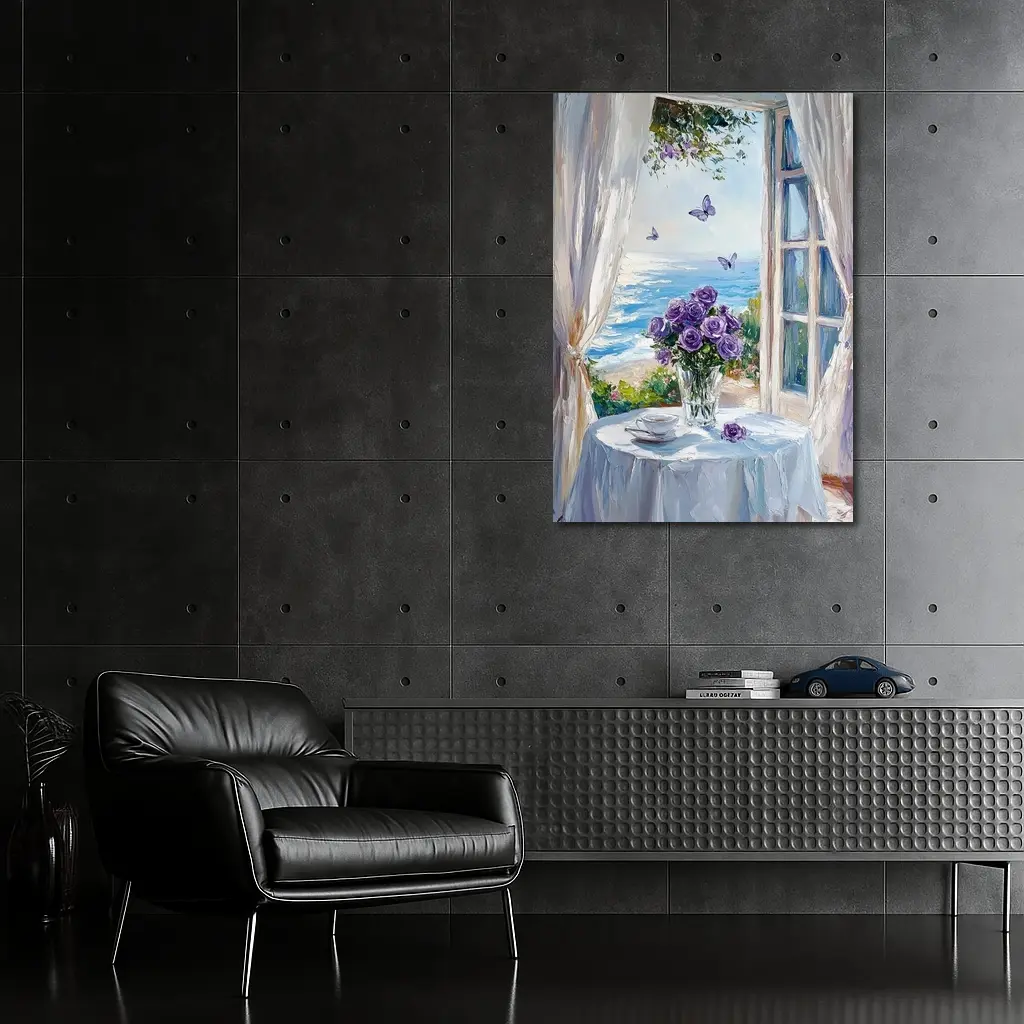Purple Roses Ocean View Window Oil Painting – Wall Art