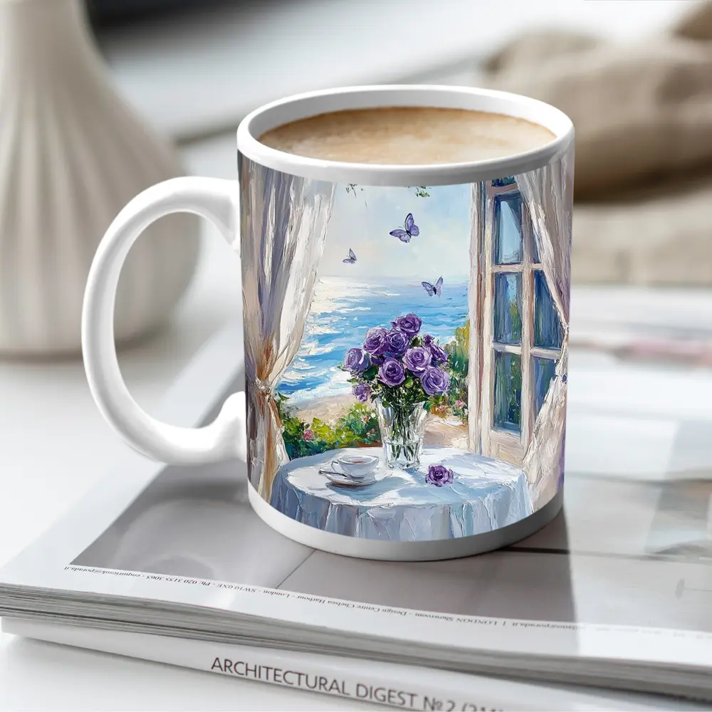 Purple Roses Ocean View Window Oil Painting – Mugs