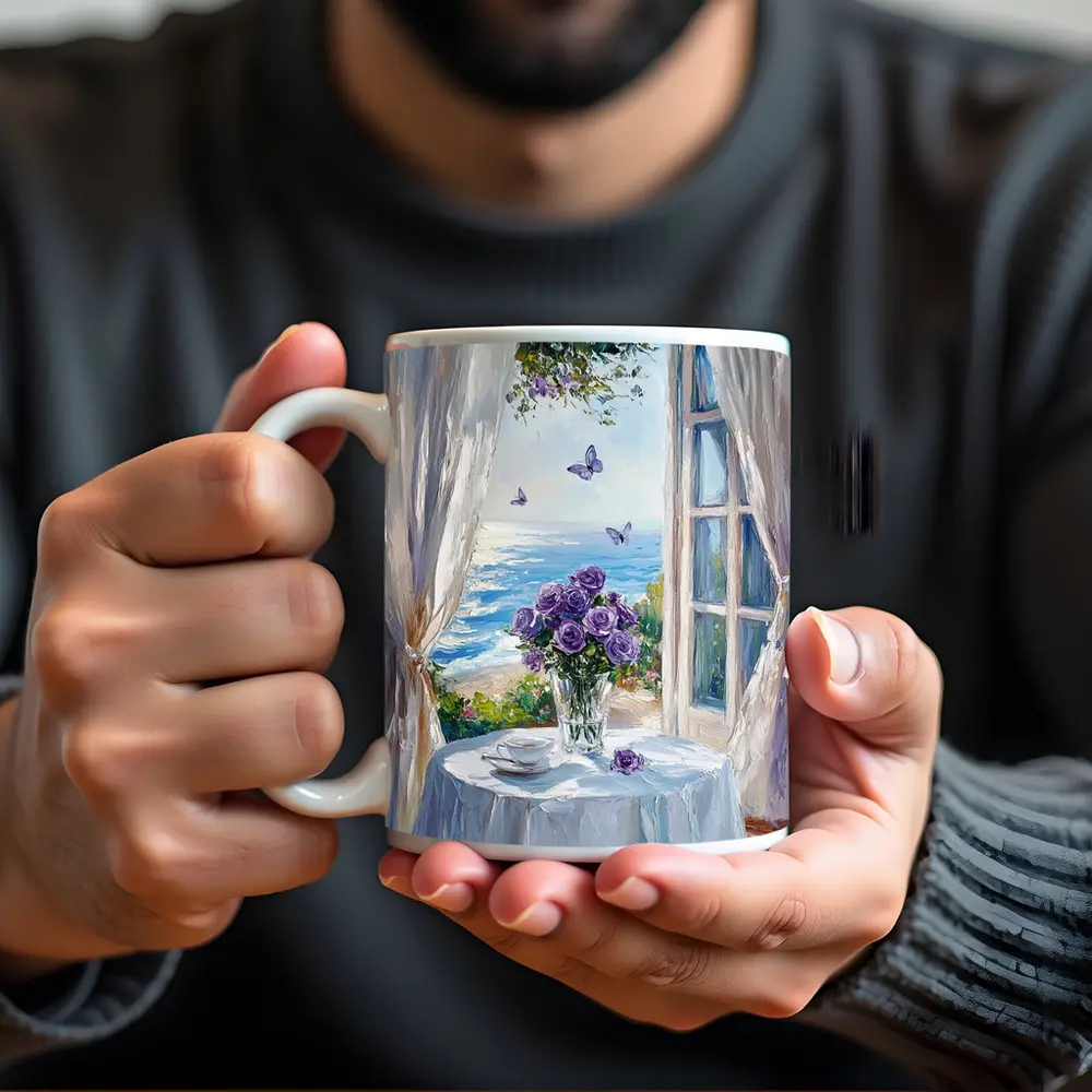 Purple Roses Ocean View Window Oil Painting – Mugs