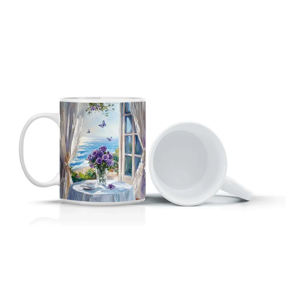 Purple Roses Ocean View Window Oil Painting – Mugs